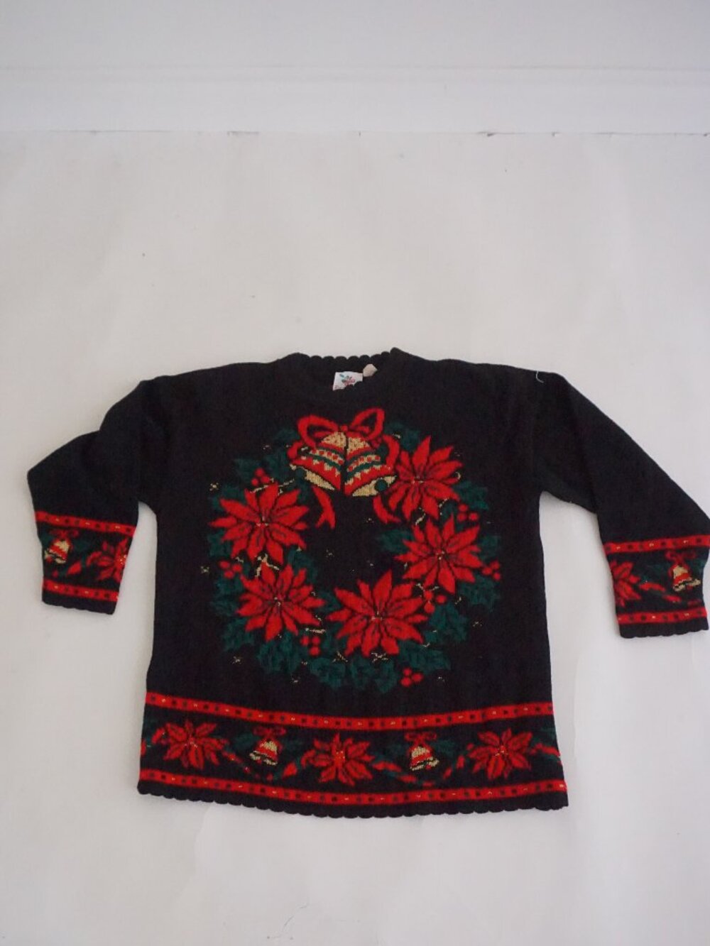 Vintage Nutcracker Black Red Poinsettia Wreath Gold Bells Christmas Sweater L